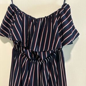 She + Sky Navy Red & White Striped Strapless Wide Leg Jumpsuit